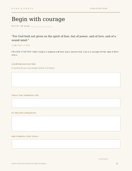 Sample daily page with KJV Scripture, prayer starter, reflection and fillable writing spaces