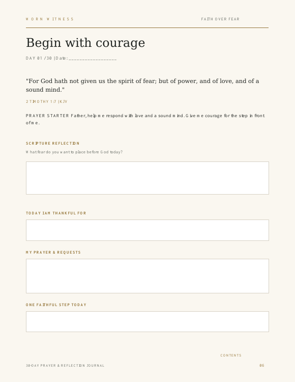 Sample daily page with KJV Scripture, prayer starter, reflection and fillable writing spaces